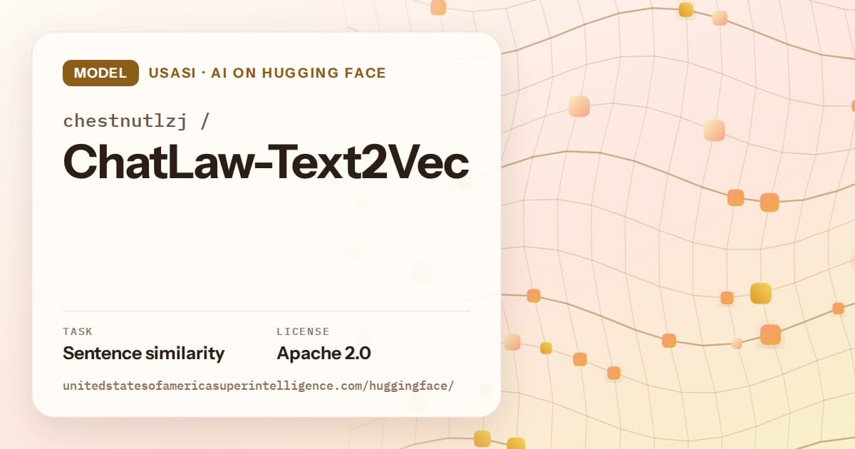 Generated amber wave-lattice artwork for the model chestnutlzj/ChatLaw-Text2Vec, labeled USASI · AI on Hugging Face, with Task: Sentence similarity · License: Apache 2.0.