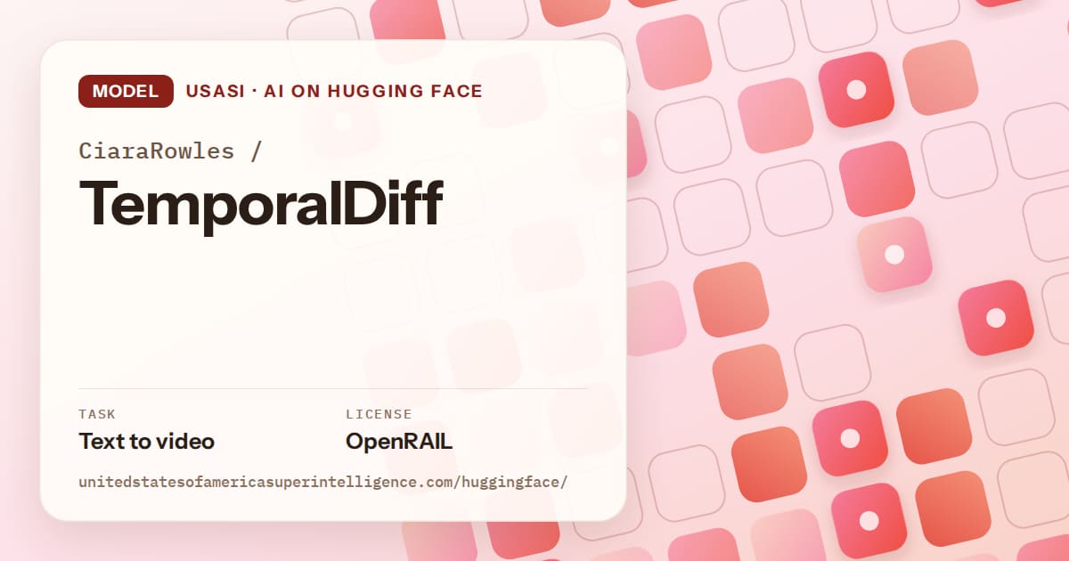 Generated coral rounded-tile grid artwork for the model CiaraRowles/TemporalDiff, labeled USASI · AI on Hugging Face, with Task: Text to video · License: OpenRAIL.