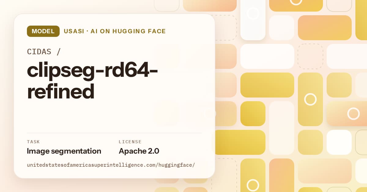Generated gold tile-mosaic artwork for the model CIDAS/clipseg-rd64-refined, labeled USASI · AI on Hugging Face, with Task: Image segmentation · License: Apache 2.0.