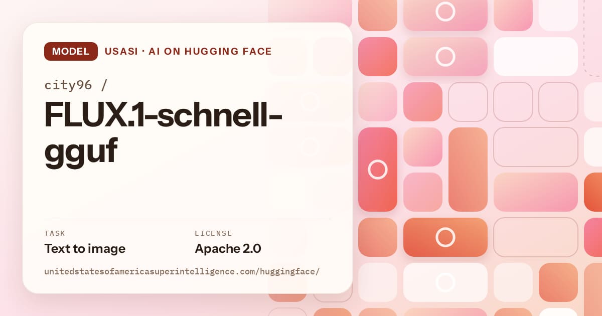 Generated coral tile-mosaic artwork for the model city96/FLUX.1-schnell-gguf, labeled USASI · AI on Hugging Face, with Task: Text to image · License: Apache 2.0.