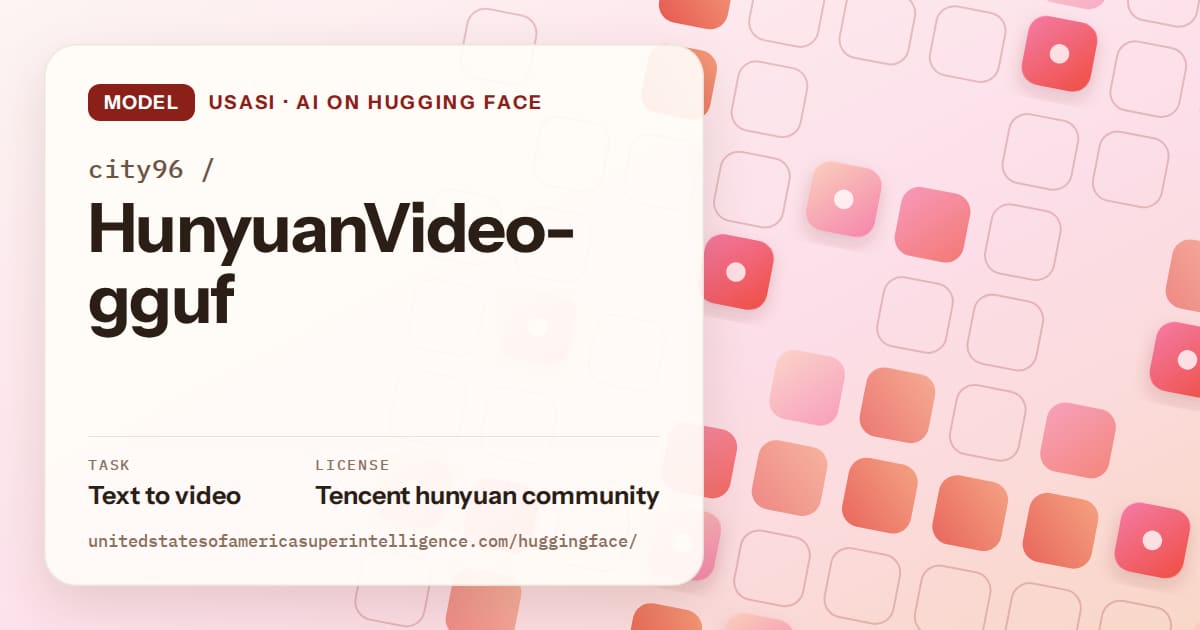 Generated coral rounded-tile grid artwork for the model city96/HunyuanVideo-gguf, labeled USASI · AI on Hugging Face, with Task: Text to video · License: Tencent hunyuan community.