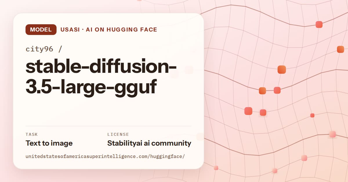 Generated tangerine wave-lattice artwork for the model city96/stable-diffusion-3.5-large-gguf, labeled USASI · AI on Hugging Face, with Task: Text to image · License: Stabilityai ai community.