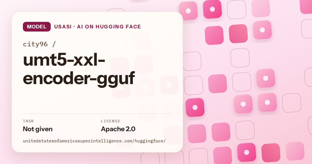 Generated rose rounded-tile grid artwork for the model city96/umt5-xxl-encoder-gguf, labeled USASI · AI on Hugging Face, with Task: Not given · License: Apache 2.0.