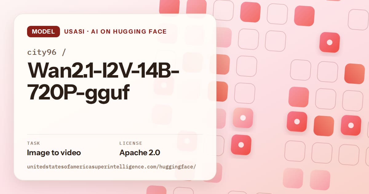Generated coral rounded-tile grid artwork for the model city96/Wan2.1-I2V-14B-720P-gguf, labeled USASI · AI on Hugging Face, with Task: Image to video · License: Apache 2.0.