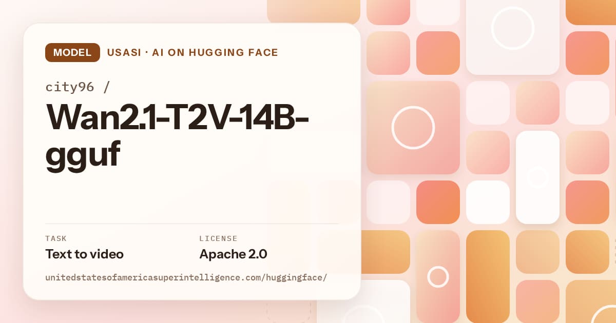 Generated orange tile-mosaic artwork for the model city96/Wan2.1-T2V-14B-gguf, labeled USASI · AI on Hugging Face, with Task: Text to video · License: Apache 2.0.