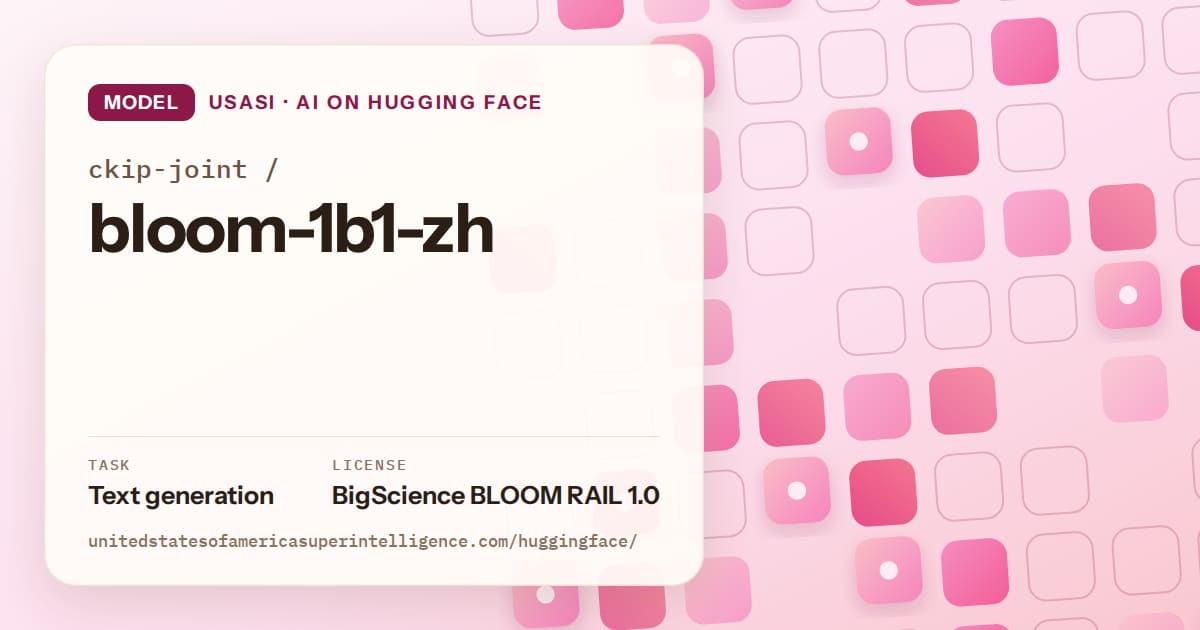 Generated rose rounded-tile grid artwork for the model ckip-joint/bloom-1b1-zh, labeled USASI · AI on Hugging Face, with Task: Text generation · License: BigScience BLOOM RAIL 1.0.