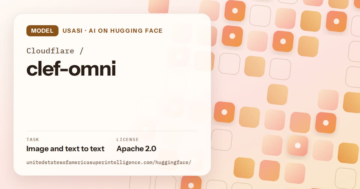 Generated orange rounded-tile grid artwork for the model Cloudflare/clef-omni, labeled USASI · AI on Hugging Face, with Task: Image and text to text · License: Apache 2.0.