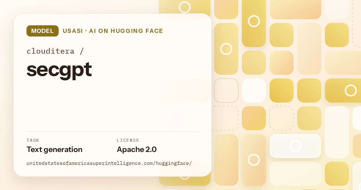 Generated gold tile-mosaic artwork for the model clouditera/secgpt, labeled USASI · AI on Hugging Face, with Task: Text generation · License: Apache 2.0.