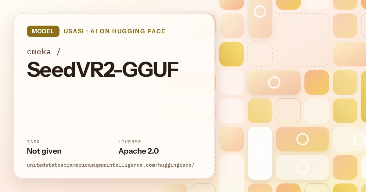 Generated gold tile-mosaic artwork for the model cmeka/SeedVR2-GGUF, labeled USASI · AI on Hugging Face, with Task: Not given · License: Apache 2.0.