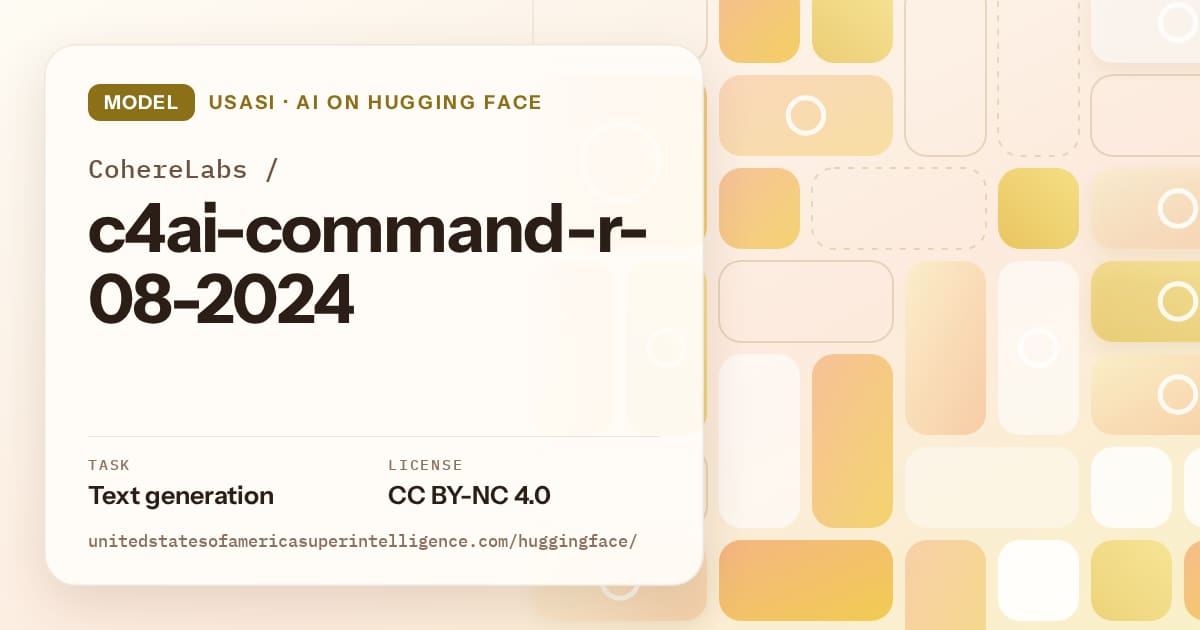 Generated gold tile-mosaic artwork for the model CohereLabs/c4ai-command-r-08-2024, labeled USASI · AI on Hugging Face, with Task: Text generation · License: CC BY-NC 4.0.