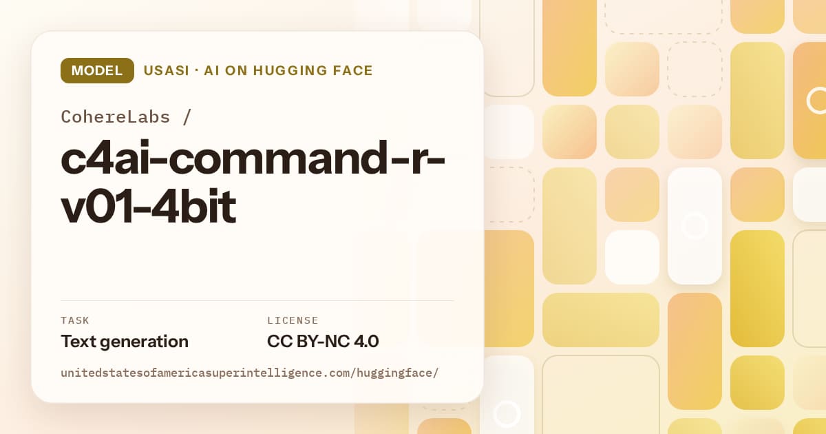 Generated gold tile-mosaic artwork for the model CohereLabs/c4ai-command-r-v01-4bit, labeled USASI · AI on Hugging Face, with Task: Text generation · License: CC BY-NC 4.0.