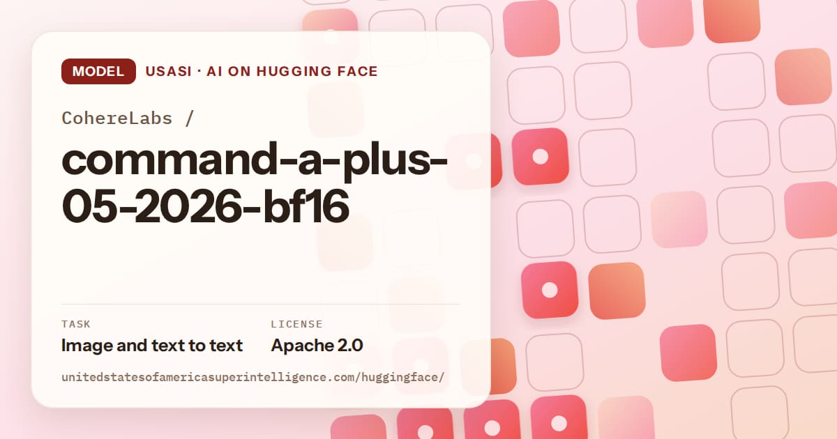 Generated coral rounded-tile grid artwork for the model CohereLabs/command-a-plus-05-2026-bf16, labeled USASI · AI on Hugging Face, with Task: Image and text to text · License: Apache 2.0.