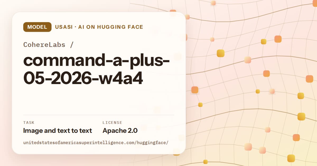 Generated amber wave-lattice artwork for the model CohereLabs/command-a-plus-05-2026-w4a4, labeled USASI · AI on Hugging Face, with Task: Image and text to text · License: Apache 2.0.