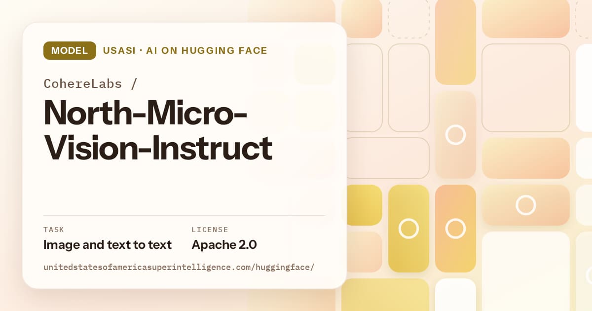 Generated gold tile-mosaic artwork for the model CohereLabs/North-Micro-Vision-Instruct, labeled USASI · AI on Hugging Face, with Task: Image and text to text · License: Apache 2.0.