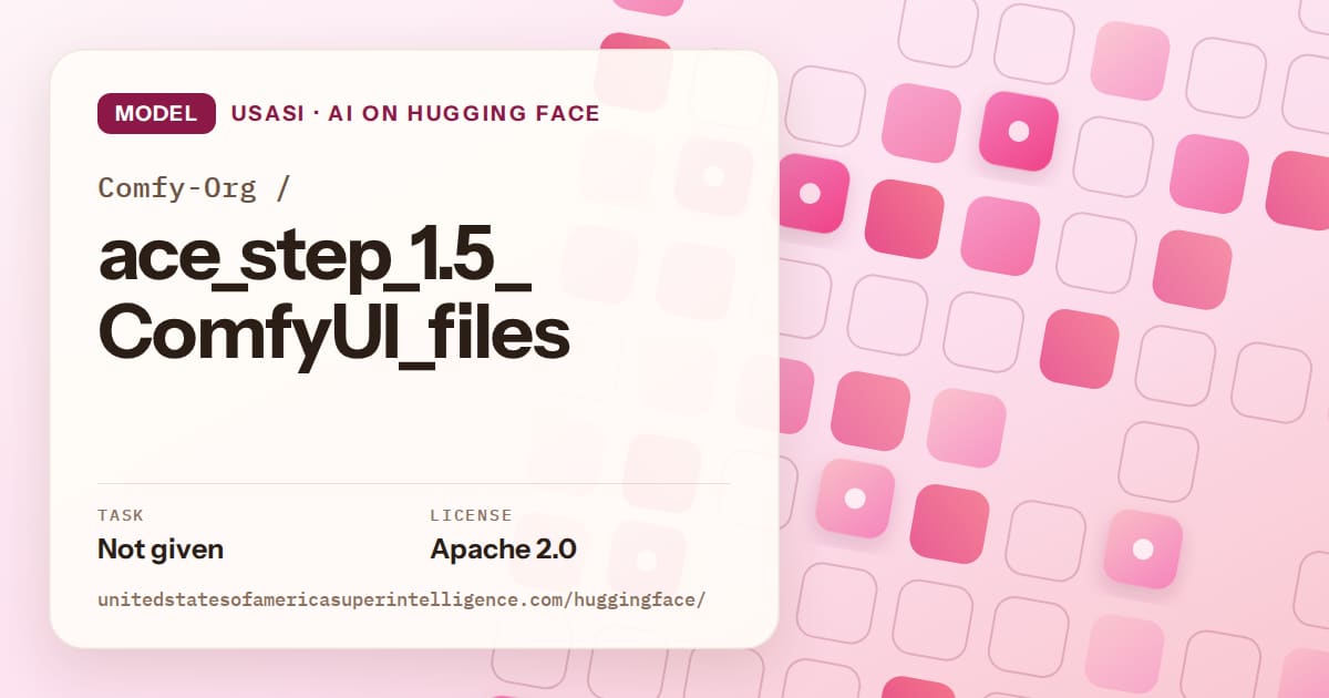 Generated rose rounded-tile grid artwork for the model Comfy-Org/ace_step_1.5_ComfyUI_files, labeled USASI · AI on Hugging Face, with Task: Not given · License: Apache 2.0.