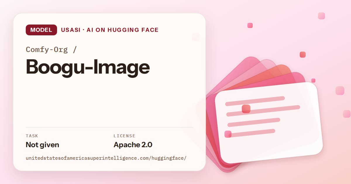 Generated coral layered-card artwork for the model Comfy-Org/Boogu-Image, labeled USASI · AI on Hugging Face, with Task: Not given · License: Apache 2.0.
