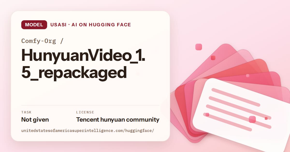Generated coral layered-card artwork for the model Comfy-Org/HunyuanVideo_1.5_repackaged, labeled USASI · AI on Hugging Face, with Task: Not given · License: Tencent hunyuan community.