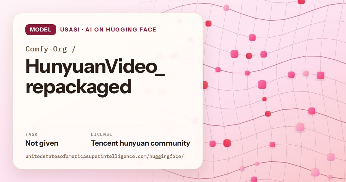 Generated rose wave-lattice artwork for the model Comfy-Org/HunyuanVideo_repackaged, labeled USASI · AI on Hugging Face, with Task: Not given · License: Tencent hunyuan community.