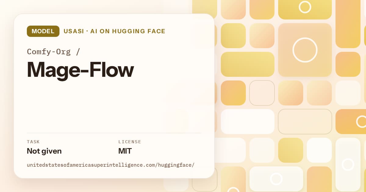 Generated gold tile-mosaic artwork for the model Comfy-Org/Mage-Flow, labeled USASI · AI on Hugging Face, with Task: Not given · License: MIT.