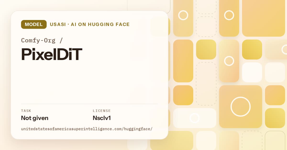 Generated gold tile-mosaic artwork for the model Comfy-Org/PixelDiT, labeled USASI · AI on Hugging Face, with Task: Not given · License: Nsclv1.
