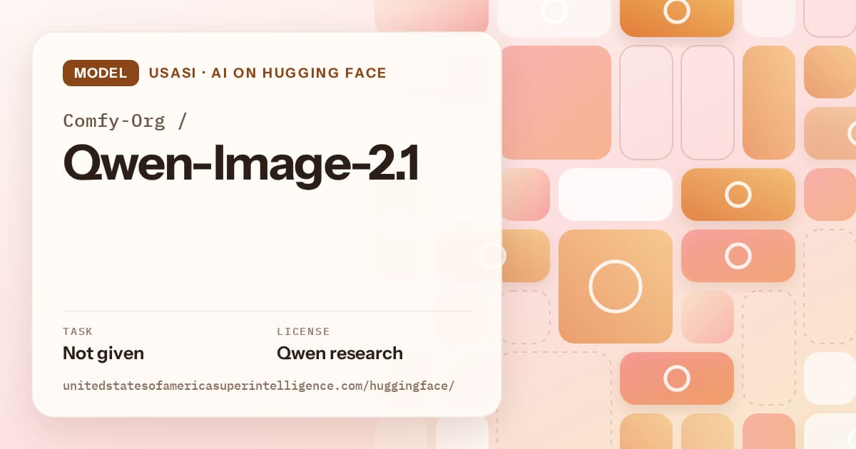 Generated orange tile-mosaic artwork for the model Comfy-Org/Qwen-Image-2.1, labeled USASI · AI on Hugging Face, with Task: Not given · License: Qwen research.