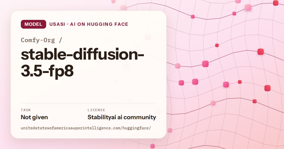Generated rose wave-lattice artwork for the model Comfy-Org/stable-diffusion-3.5-fp8, labeled USASI · AI on Hugging Face, with Task: Not given · License: Stabilityai ai community.