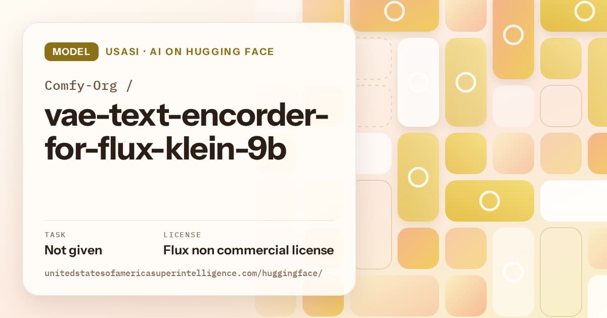 Generated gold tile-mosaic artwork for the model Comfy-Org/vae-text-encorder-for-flux-klein-9b, labeled USASI · AI on Hugging Face, with Task: Not given · License: Flux non commercial license.