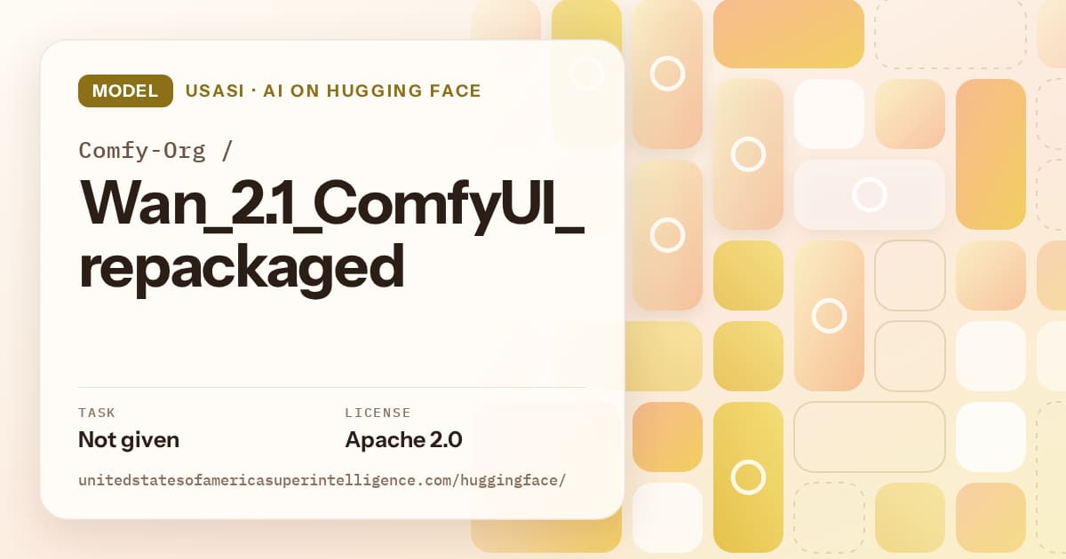 Generated gold tile-mosaic artwork for the model Comfy-Org/Wan_2.1_ComfyUI_repackaged, labeled USASI · AI on Hugging Face, with Task: Not given · License: Apache 2.0.
