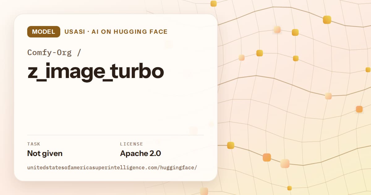 Generated amber wave-lattice artwork for the model Comfy-Org/z_image_turbo, labeled USASI · AI on Hugging Face, with Task: Not given · License: Apache 2.0.