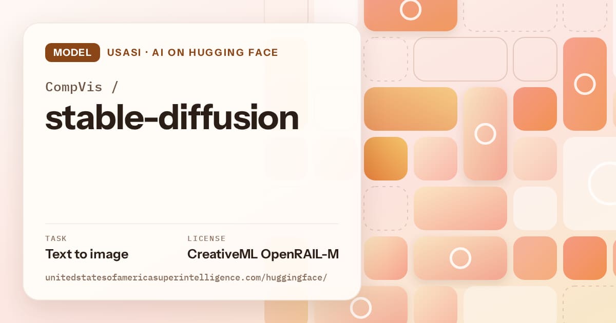 Generated orange tile-mosaic artwork for the model CompVis/stable-diffusion, labeled USASI · AI on Hugging Face, with Task: Text to image · License: CreativeML OpenRAIL-M.