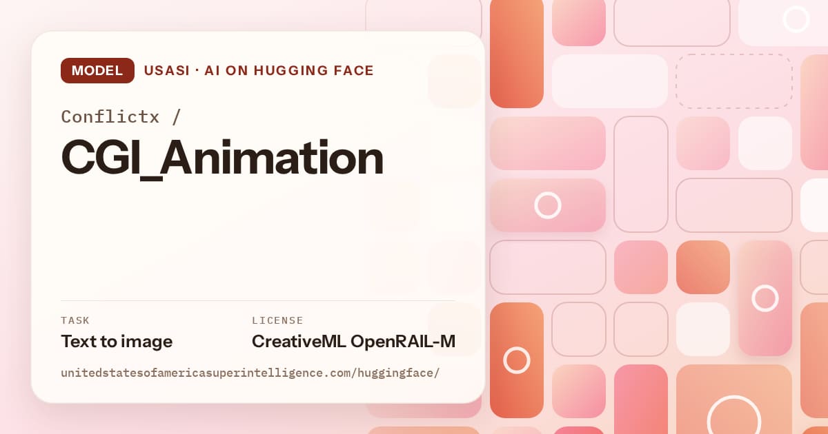 Generated coral tile-mosaic artwork for the model Conflictx/CGI_Animation, labeled USASI · AI on Hugging Face, with Task: Text to image · License: CreativeML OpenRAIL-M.