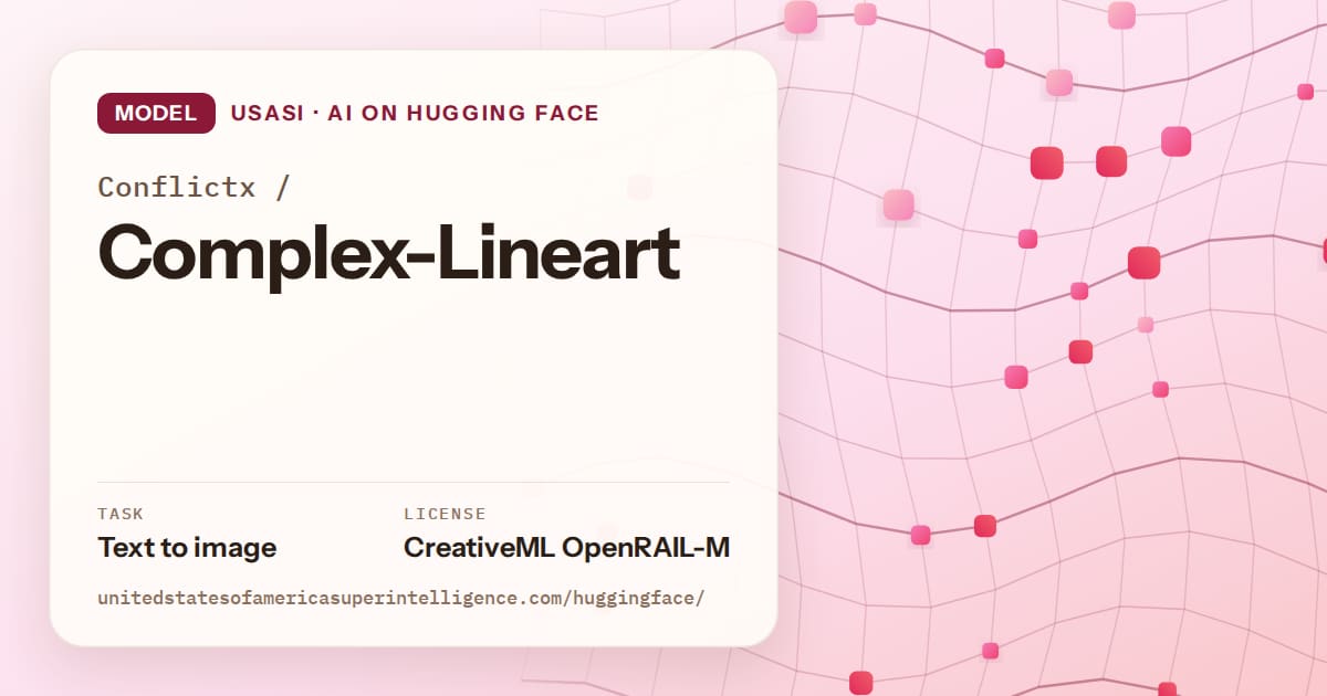 Generated rose wave-lattice artwork for the model Conflictx/Complex-Lineart, labeled USASI · AI on Hugging Face, with Task: Text to image · License: CreativeML OpenRAIL-M.