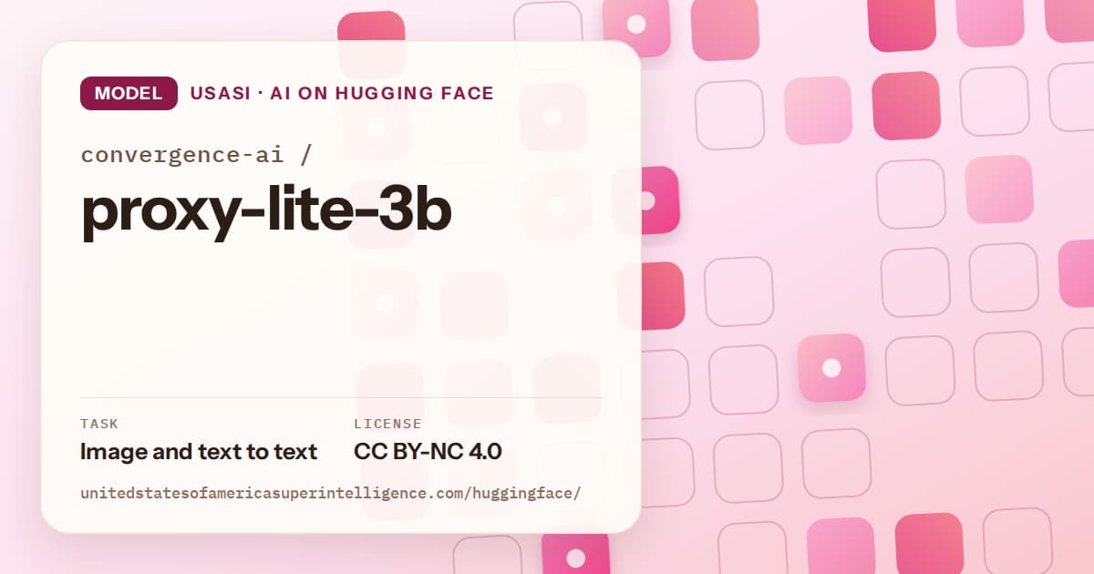Generated rose rounded-tile grid artwork for the model convergence-ai/proxy-lite-3b, labeled USASI · AI on Hugging Face, with Task: Image and text to text · License: CC BY-NC 4.0.