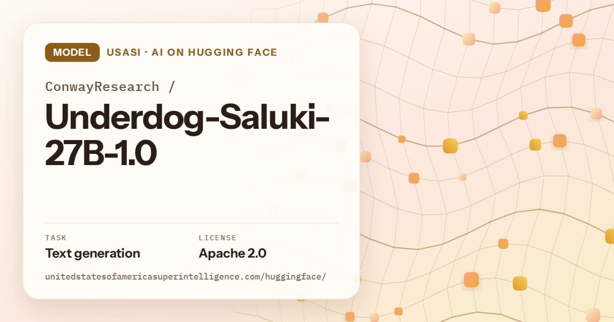 Generated amber wave-lattice artwork for the model ConwayResearch/Underdog-Saluki-27B-1.0, labeled USASI · AI on Hugging Face, with Task: Text generation · License: Apache 2.0.