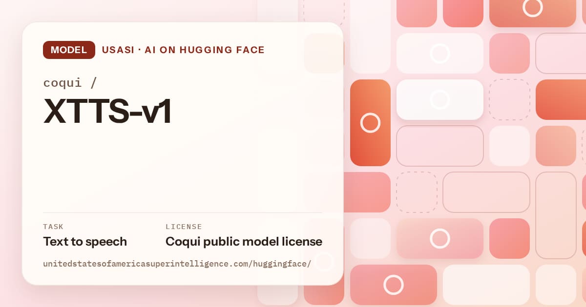 Generated coral tile-mosaic artwork for the model coqui/XTTS-v1, labeled USASI · AI on Hugging Face, with Task: Text to speech · License: Coqui public model license.
