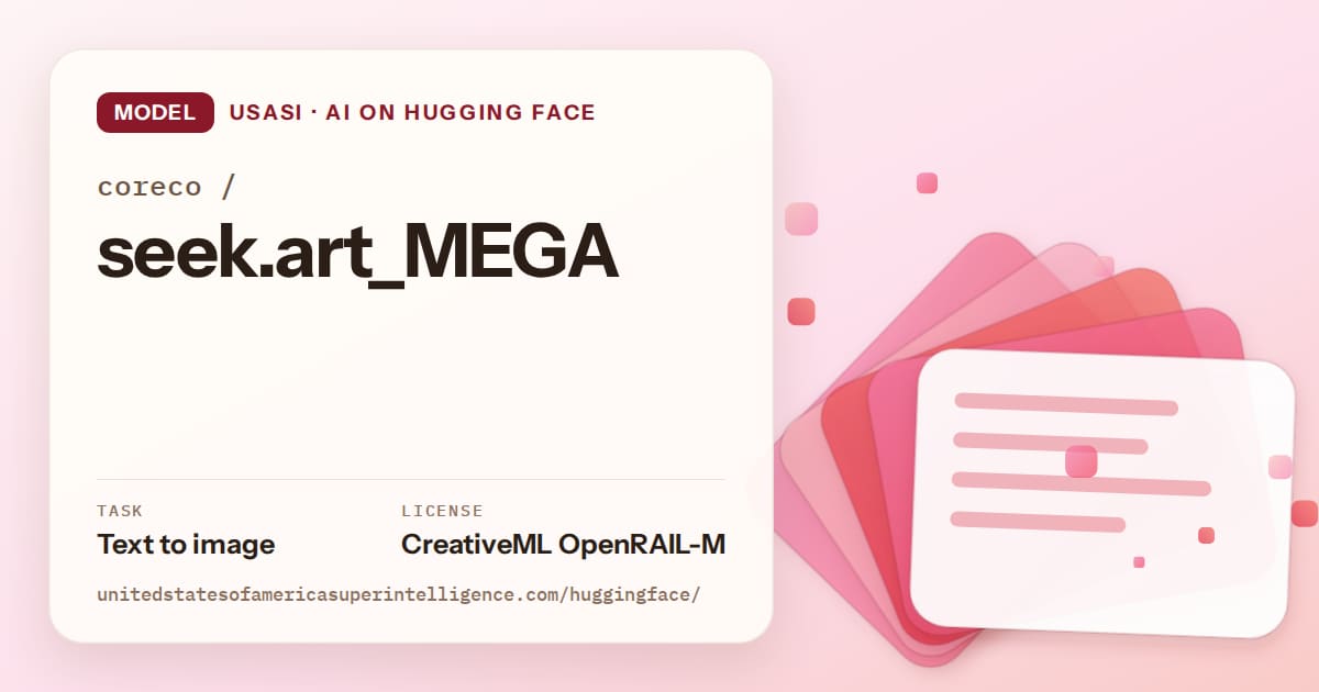 Generated coral layered-card artwork for the model coreco/seek.art_MEGA, labeled USASI · AI on Hugging Face, with Task: Text to image · License: CreativeML OpenRAIL-M.