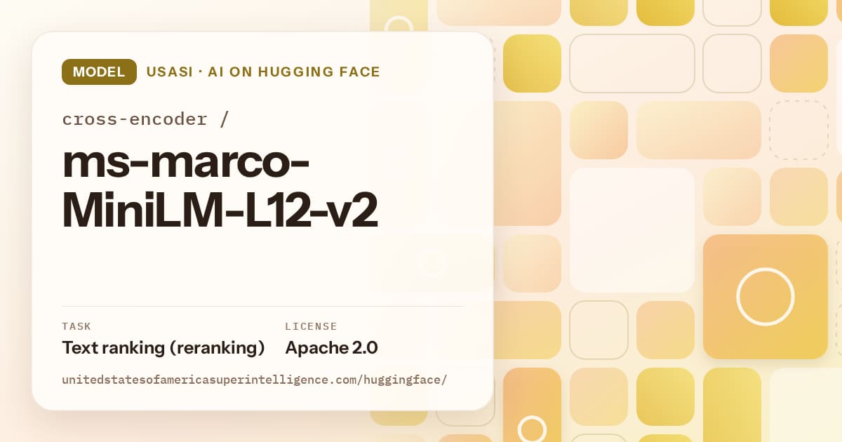 Generated gold tile-mosaic artwork for the model cross-encoder/ms-marco-MiniLM-L12-v2, labeled USASI · AI on Hugging Face, with Task: Text ranking (reranking) · License: Apache 2.0.