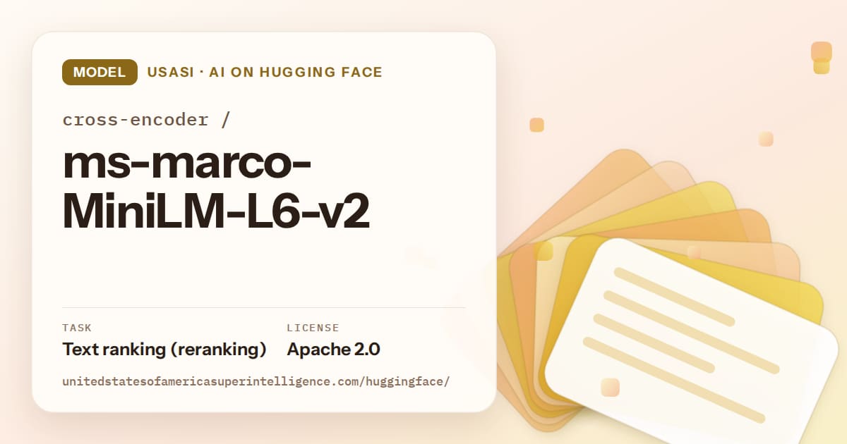 Generated amber layered-card artwork for the model cross-encoder/ms-marco-MiniLM-L6-v2, labeled USASI · AI on Hugging Face, with Task: Text ranking (reranking) · License: Apache 2.0.