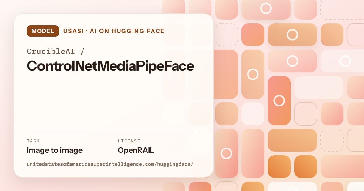 Generated orange tile-mosaic artwork for the model CrucibleAI/ControlNetMediaPipeFace, labeled USASI · AI on Hugging Face, with Task: Image to image · License: OpenRAIL.