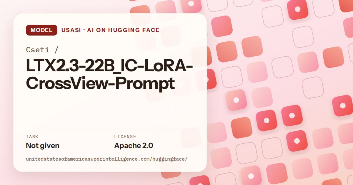 Generated coral rounded-tile grid artwork for the model Cseti/LTX2.3-22B_IC-LoRA-CrossView-Prompt, labeled USASI · AI on Hugging Face, with Task: Not given · License: Apache 2.0.