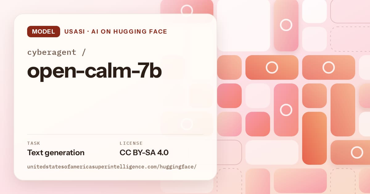 Generated coral tile-mosaic artwork for the model cyberagent/open-calm-7b, labeled USASI · AI on Hugging Face, with Task: Text generation · License: CC BY-SA 4.0.