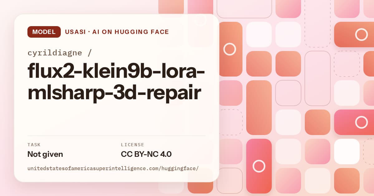 Generated coral tile-mosaic artwork for the model cyrildiagne/flux2-klein9b-lora-mlsharp-3d-repair, labeled USASI · AI on Hugging Face, with Task: Not given · License: CC BY-NC 4.0.