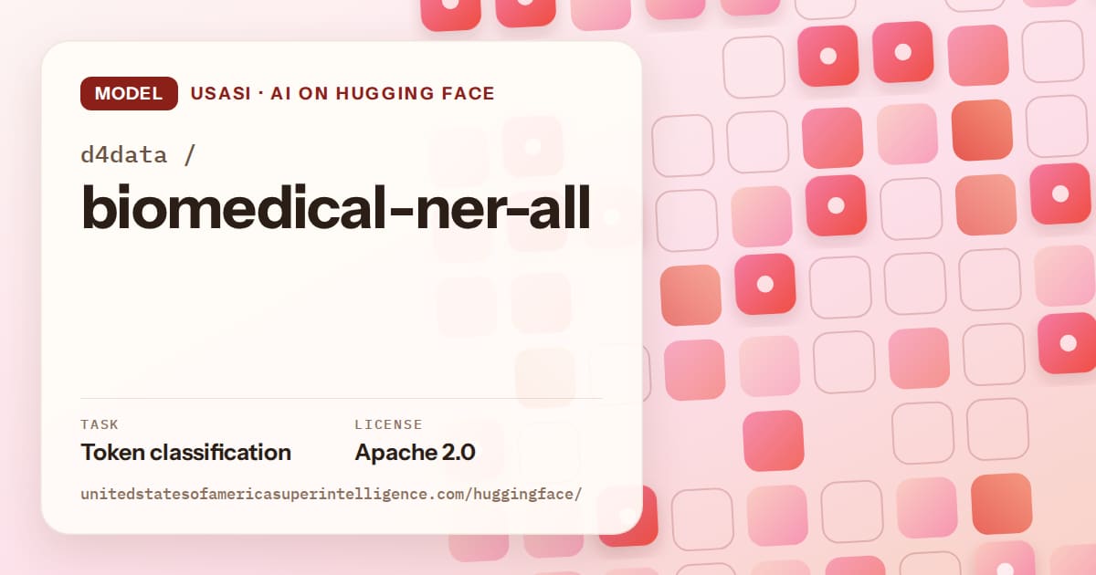 Generated coral rounded-tile grid artwork for the model d4data/biomedical-ner-all, labeled USASI · AI on Hugging Face, with Task: Token classification · License: Apache 2.0.