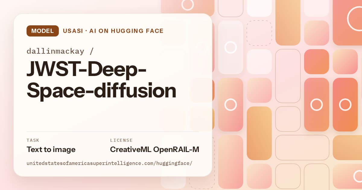 Generated orange tile-mosaic artwork for the model dallinmackay/JWST-Deep-Space-diffusion, labeled USASI · AI on Hugging Face, with Task: Text to image · License: CreativeML OpenRAIL-M.