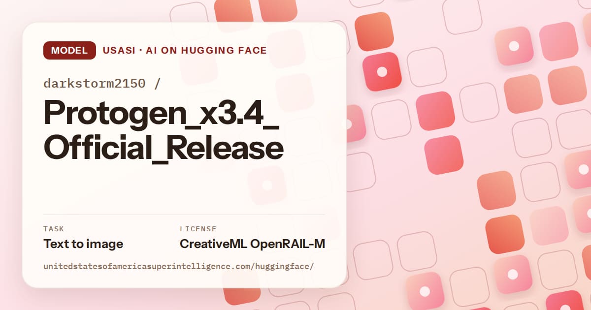 Generated coral rounded-tile grid artwork for the model darkstorm2150/Protogen_x3.4_Official_Release, labeled USASI · AI on Hugging Face, with Task: Text to image · License: CreativeML OpenRAIL-M.