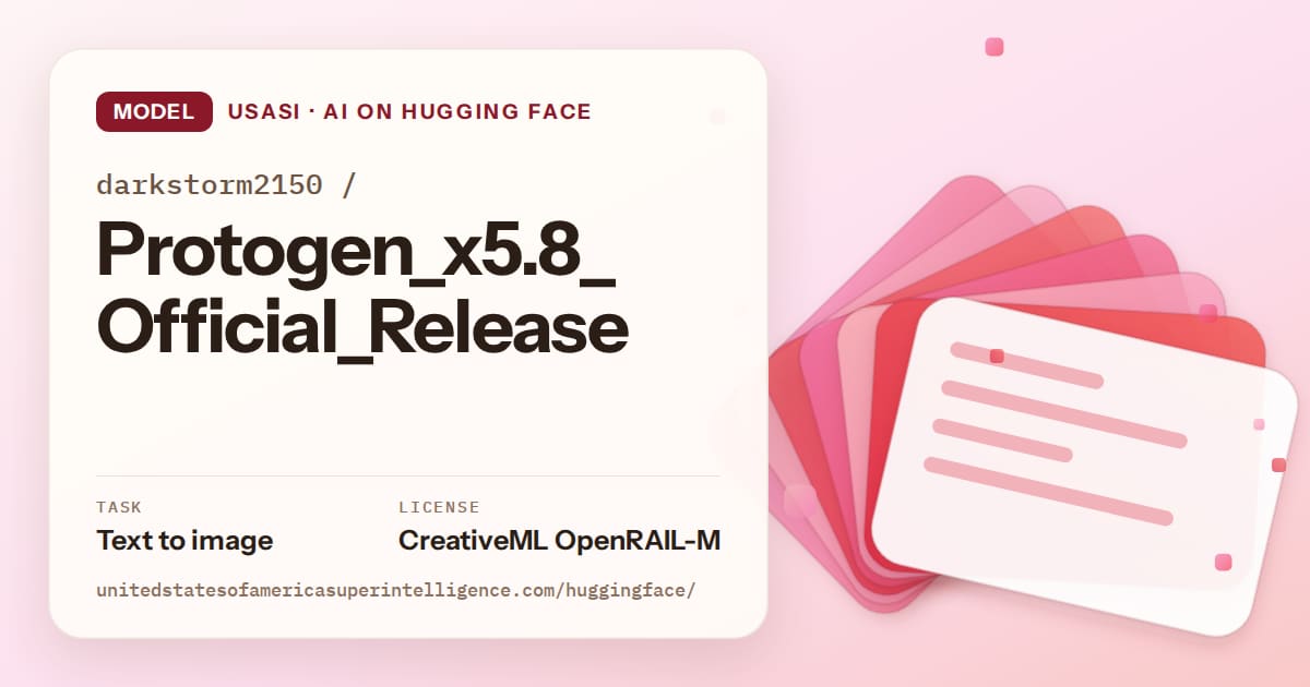Generated coral layered-card artwork for the model darkstorm2150/Protogen_x5.8_Official_Release, labeled USASI · AI on Hugging Face, with Task: Text to image · License: CreativeML OpenRAIL-M.