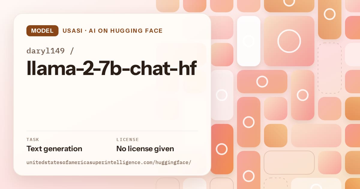 Generated orange tile-mosaic artwork for the model daryl149/llama-2-7b-chat-hf, labeled USASI · AI on Hugging Face, with Task: Text generation · License: No license given.