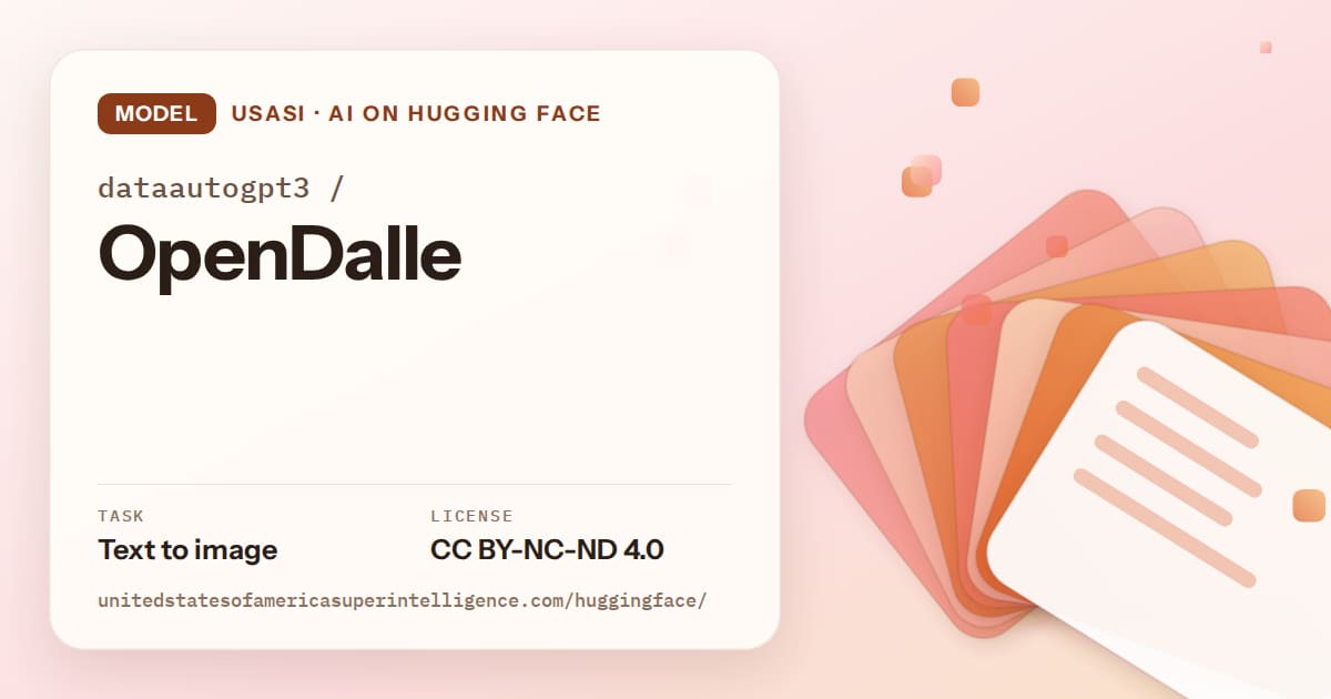 Generated tangerine layered-card artwork for the model dataautogpt3/OpenDalle, labeled USASI · AI on Hugging Face, with Task: Text to image · License: CC BY-NC-ND 4.0.