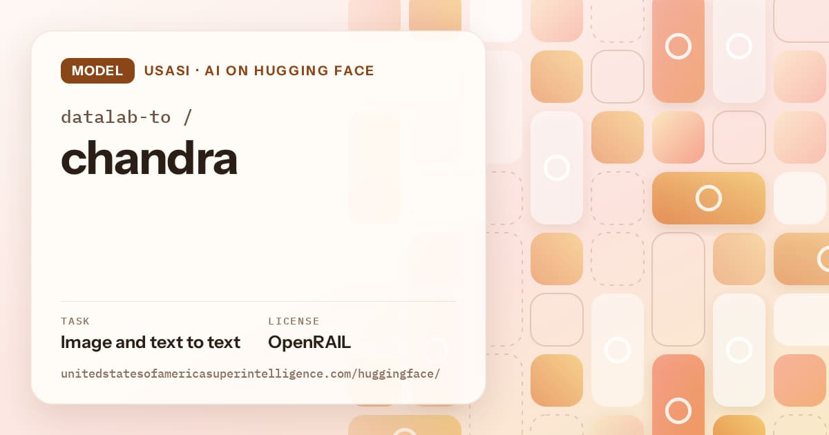 Generated orange tile-mosaic artwork for the model datalab-to/chandra, labeled USASI · AI on Hugging Face, with Task: Image and text to text · License: OpenRAIL.