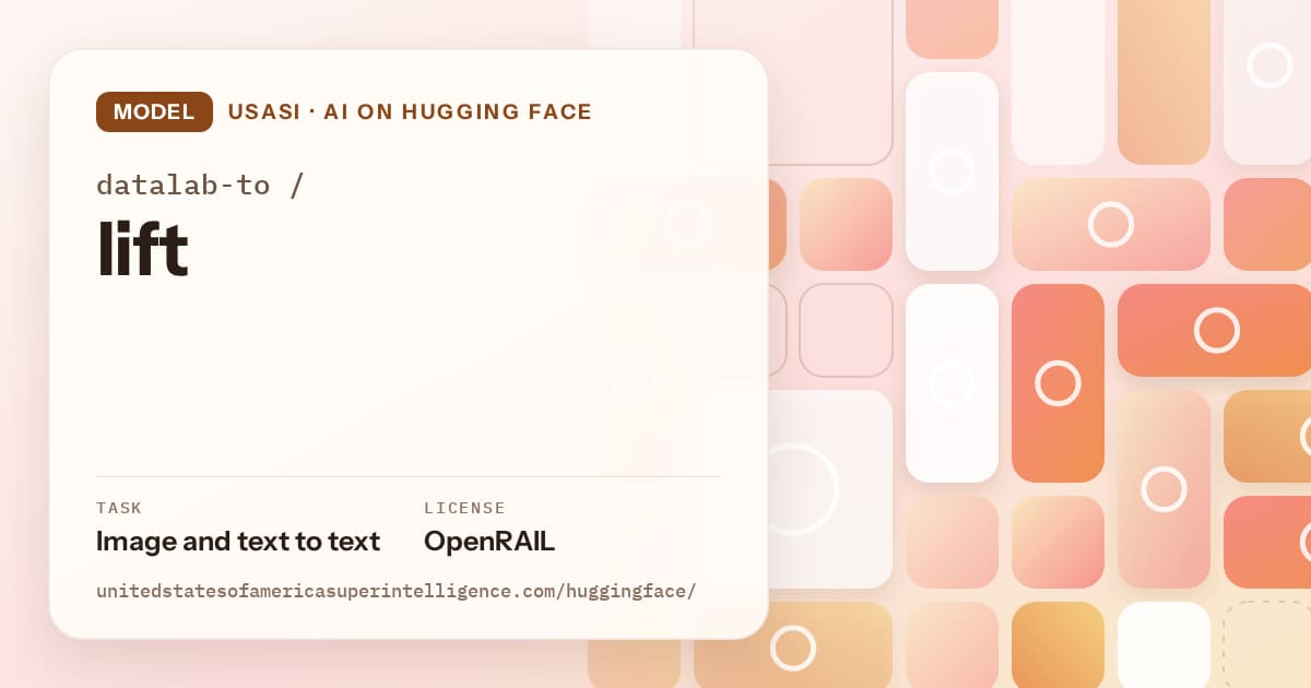 Generated orange tile-mosaic artwork for the model datalab-to/lift, labeled USASI · AI on Hugging Face, with Task: Image and text to text · License: OpenRAIL.